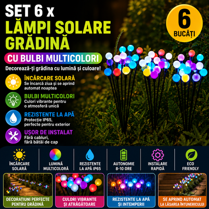 Set 6 x Lampi Solare Gradina Cu Bulbi Multicolori, Iluminare Automata, Rezistente La Apa