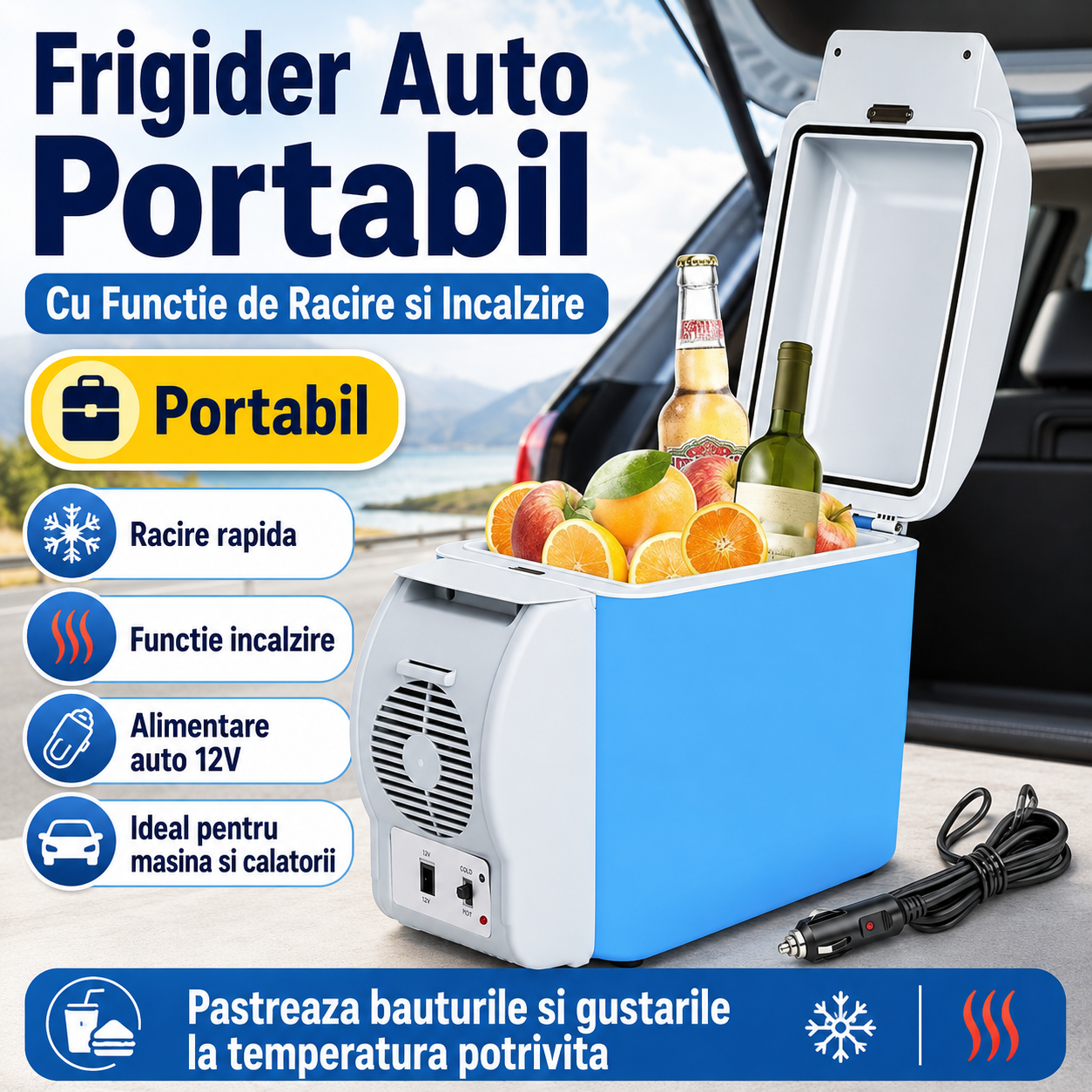 Frigider Auto Portabil cu Functie de Racire si Incalzire – Compact si Usor, Ideal pentru Masina, Camping si Calatorii