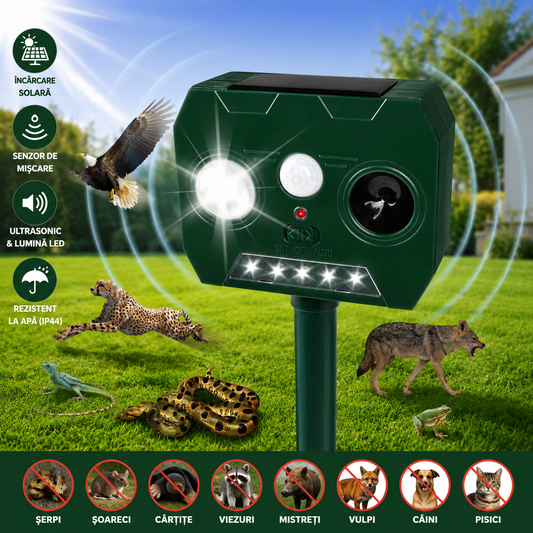 Aparat Solar cu Ultrasunete Anti Animale si Pasari, Senzor PIR, LED Stroboscopic, IP44, 2 Moduri, Montaj Exterior, Verde