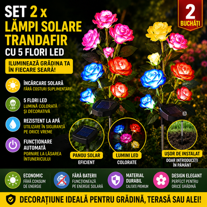 Set 2 X Lampi Solare Trandafir Cu 5 Flori LED, Senzor Lumina Automat, Rezistente La Apa, Decor Gradina Exterior, Diverse Culori