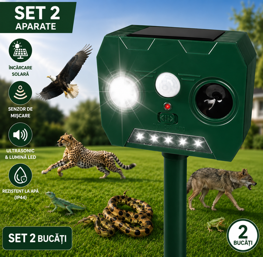 Set 2 x Aparat Solar cu Ultrasunete Anti Animale si Pasari, Senzor PIR, LED Stroboscopic, IP44, 2 Moduri, Montaj Exterior, Verde
