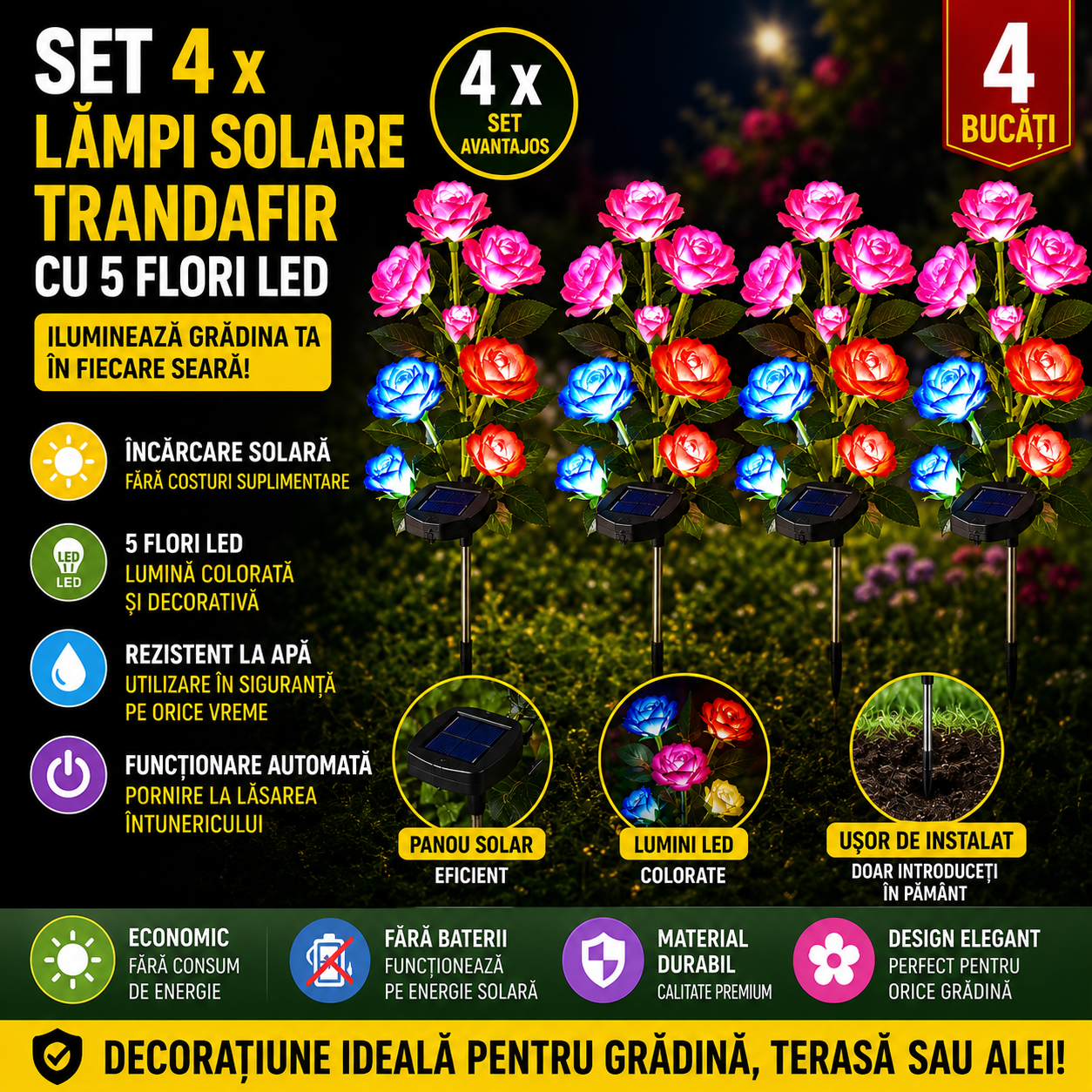 Set 4 X Lampi Solare Trandafir Cu 5 Flori LED, Senzor Lumina Automat, Rezistente La Apa, Decor Exterior Gradina, Curte Si Alei, Diverse Culori