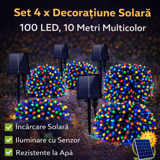 Set 4 x  Decoratiune Solara 100 LED, 10 Metri Multicolor – Iluminat Decorativ Exterior cu Panou Solar, Rezistente la Intemperii