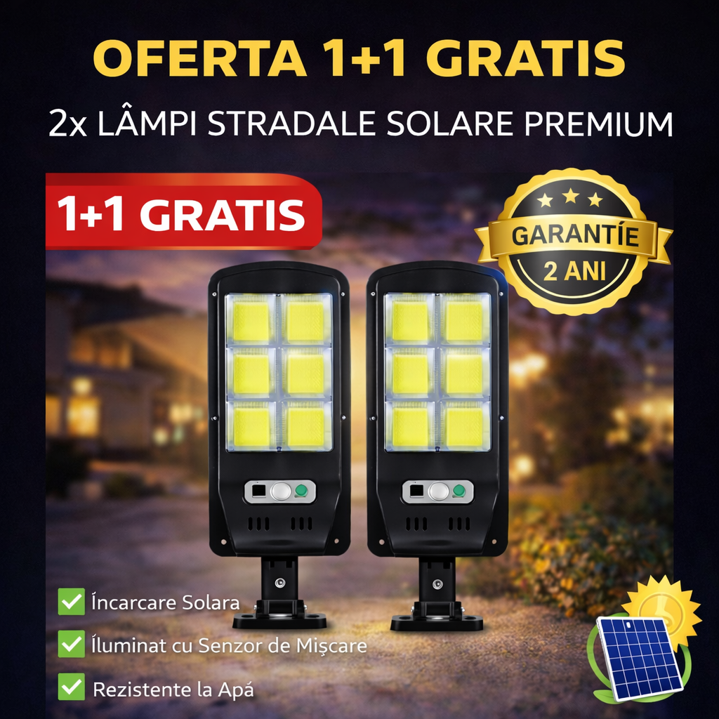 Set 2 x Proiector Solar 6 Celule LED cu Senzor de Miscare, Iluminat Exterior Gradina Curte Alee, Incarcare Solara, Rezistenta la Apa