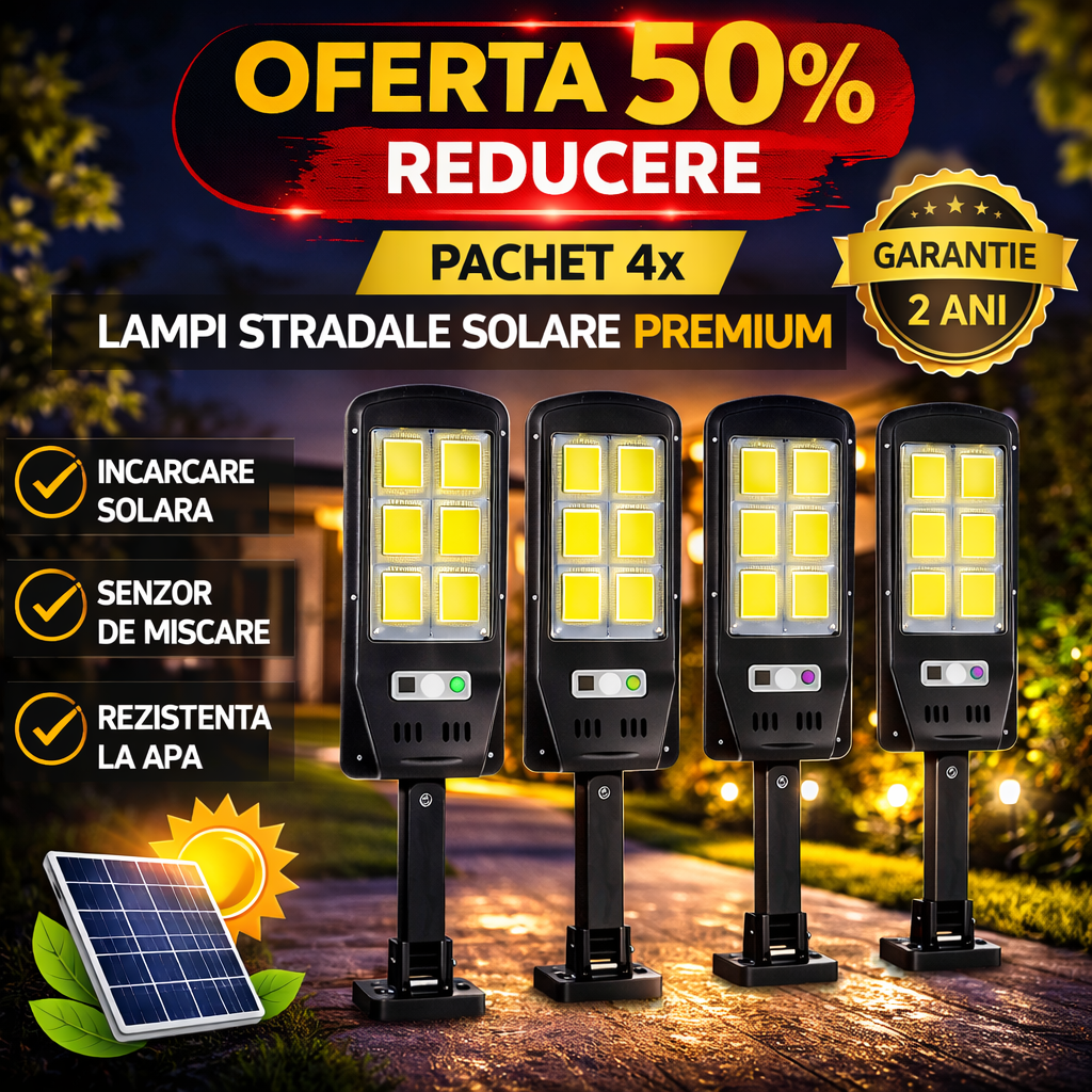 Set 4 x Proiector Solar 6 Celule LED cu Senzor de Miscare, Iluminat Exterior Gradina Curte Alee, Incarcare Solara, Rezistenta la Apa