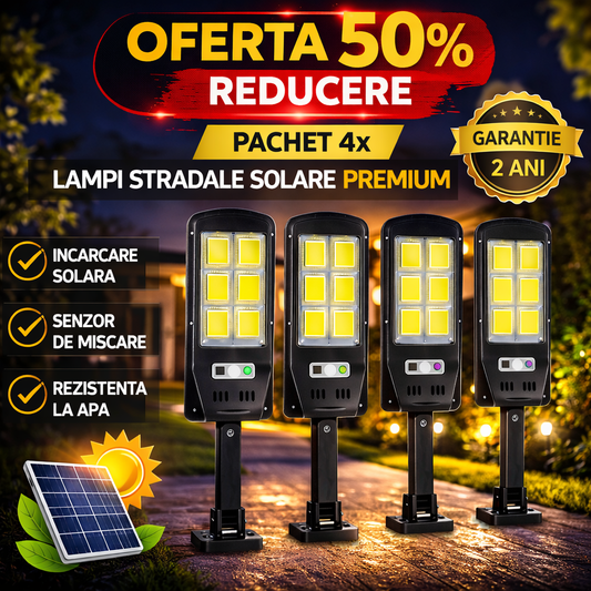 Set 4 x Proiector Solar 6 Celule LED cu Senzor de Miscare, Iluminat Exterior Gradina Curte Alee, Incarcare Solara, Rezistenta la Apa