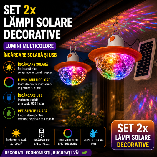 Set 2 x Lampi Solare Decorative cu Lumini Multicolore, Incarcare Solara si USB, Carlig pentru Suspendare