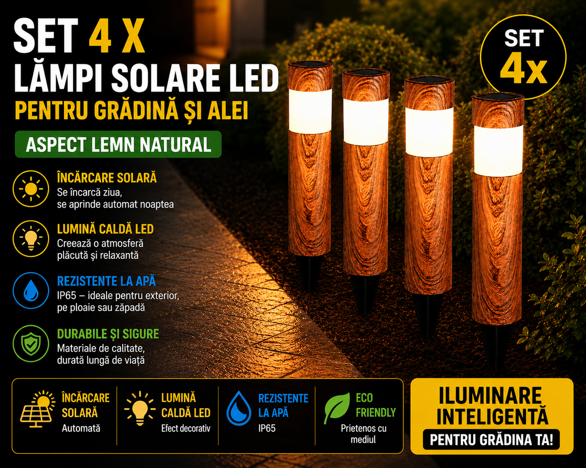 Set 4 x Lampi Solare LED pentru Gradina si Alei, Aspect Lemn Natural,  Lumina Alb Calda