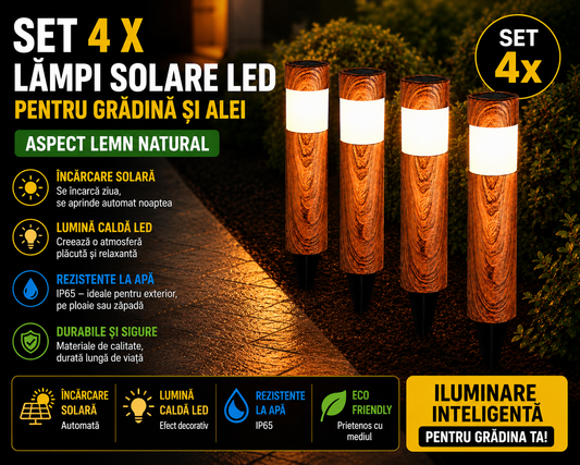 Set 4 x Lampi Solare LED pentru Gradina si Alei, Aspect Lemn Natural,  Lumina Alb Calda