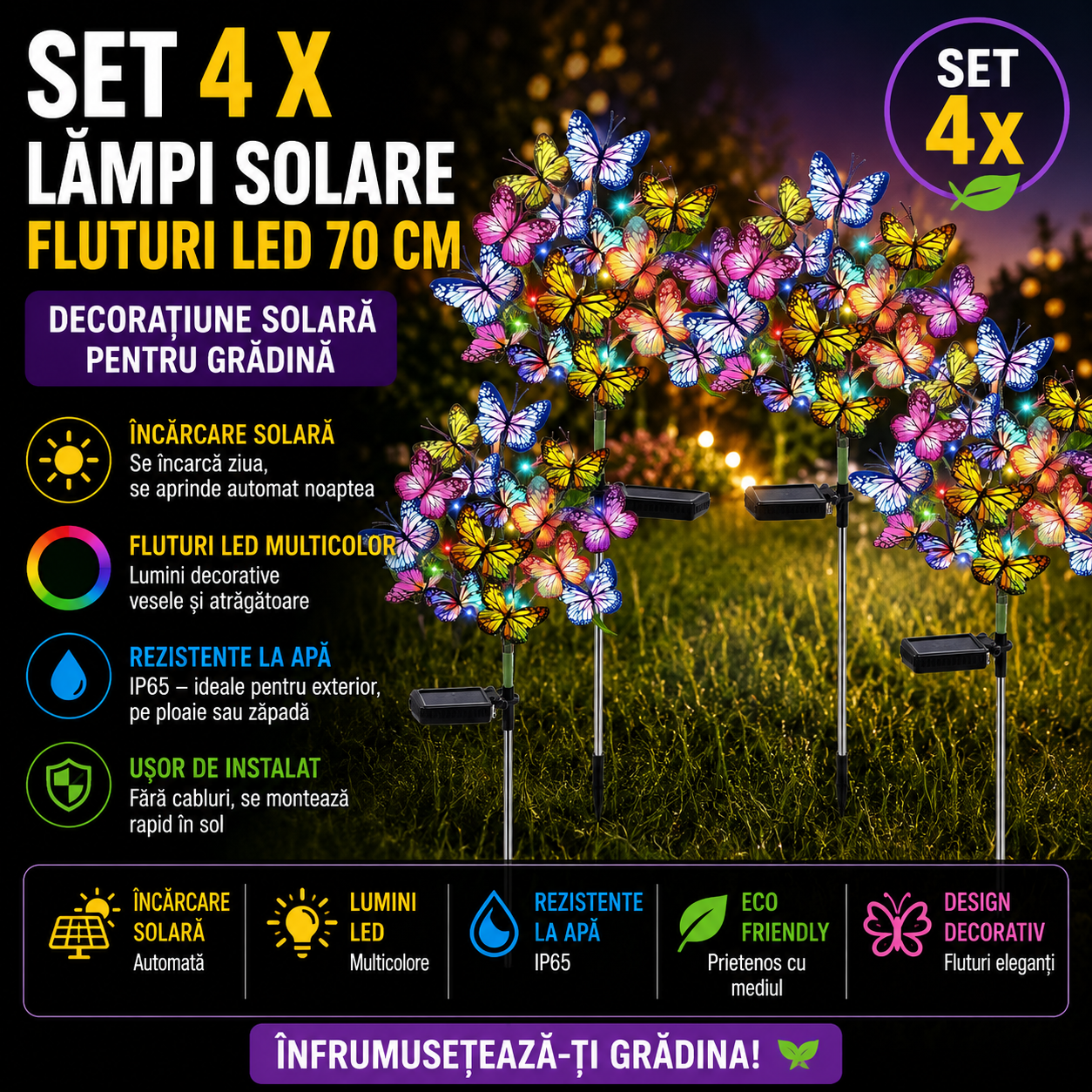 Set 4 X Lampi Solare Fluturi LED 70 Cm, Iluminare Automata Cu Senzor Lumina, Protectie IP66, Decor Gradina Exterior