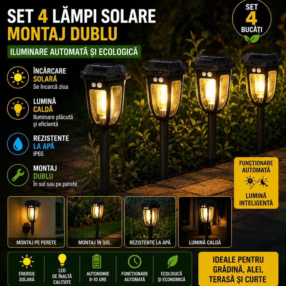 Set 4 x Lampa Solara Felinar LED pentru Gradina cu Senzor de Miscare – Iluminare Exterior, Rezistente la Apa
