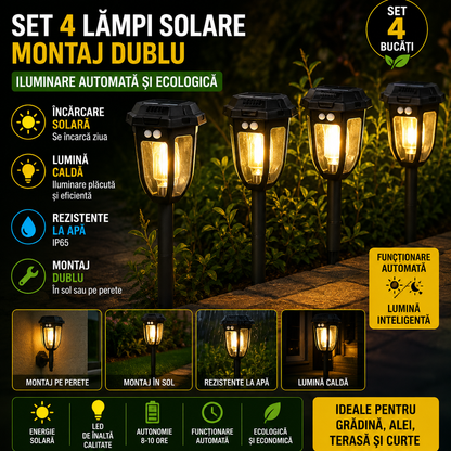 Set 4 x Lampa Solara Felinar LED pentru Gradina cu Senzor de Miscare – Iluminare Exterior, Rezistente la Apa