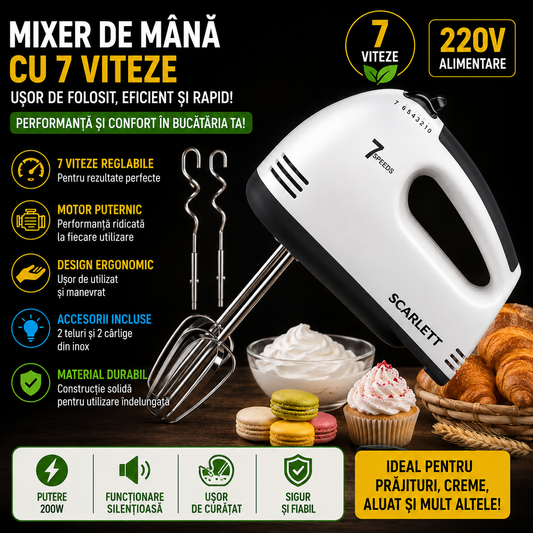 Mixer de Mana 7 Viteze, 220V, 2 Teluri si 2 Spirale, Mixer Electric pentru Aluat, Crema si Prajituri, Usor de Utilizat
