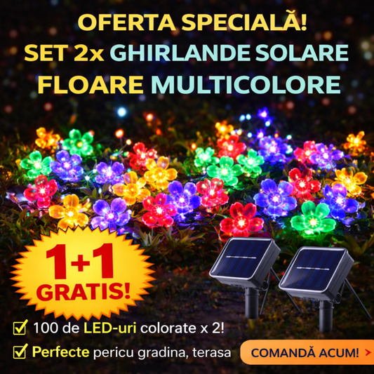 Set 2 x Ghirlanda Solara 50 LED Flori Multicolor 5m – Decoratiune Luminoasa Exterior, 8 Moduri Iluminare, Rezistenta la Apa IP65
