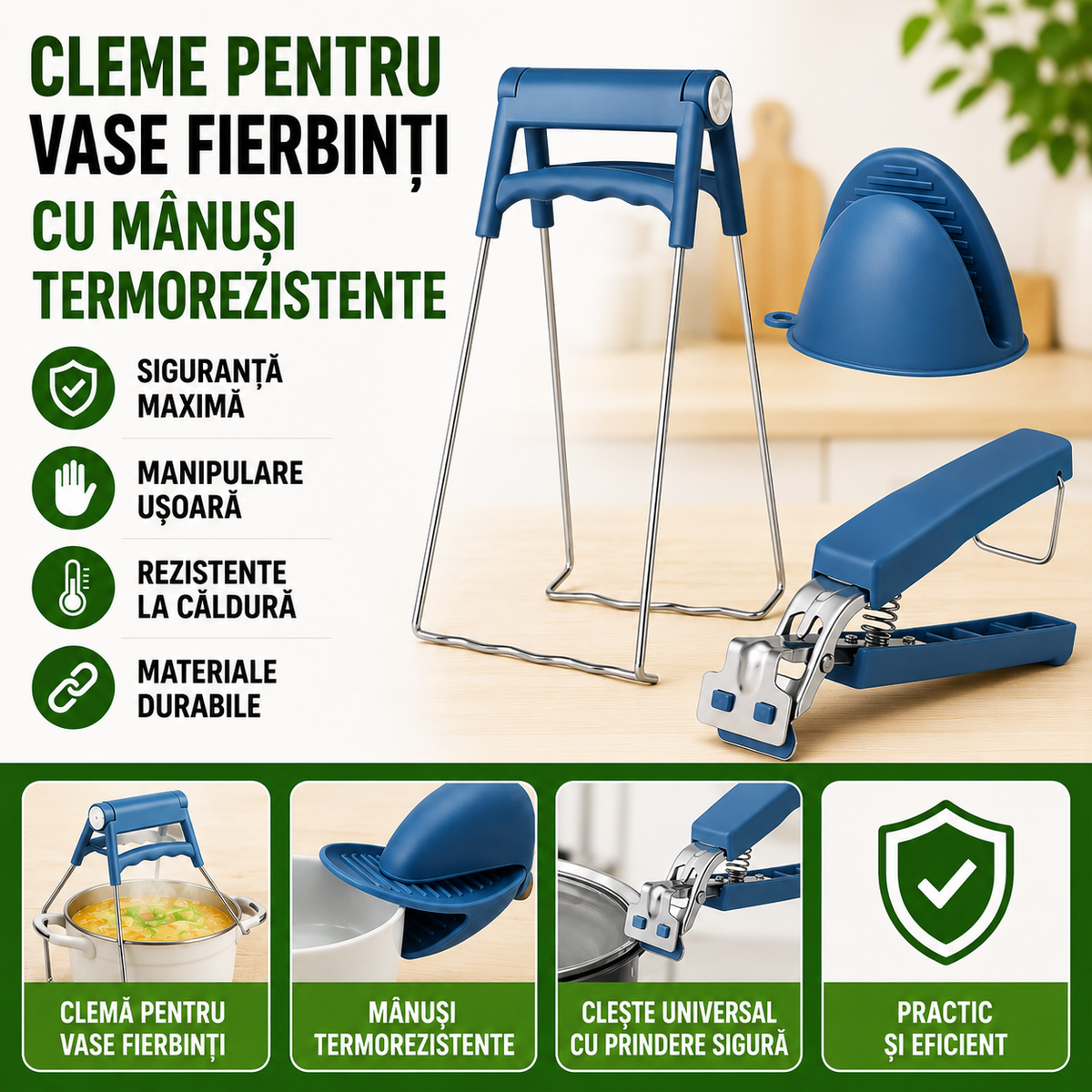 Set Cleme pentru Vase Fierbinti cu Manusi Termorezistente – Prindere Sigura, Material Inox si Silicon, protectie Anti-Arsura, Utilizare Usoara in Bucatarie