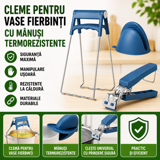 Set Cleme pentru Vase Fierbinti cu Manusi Termorezistente – Prindere Sigura, Material Inox si Silicon, protectie Anti-Arsura, Utilizare Usoara in Bucatarie