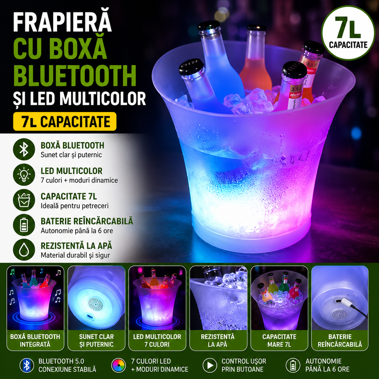 Frapiera cu Boxa Bluetooth si LED Multicolor 7L – Galeata pentru Bauturi Reci, Decor Luminos pentru Petreceri