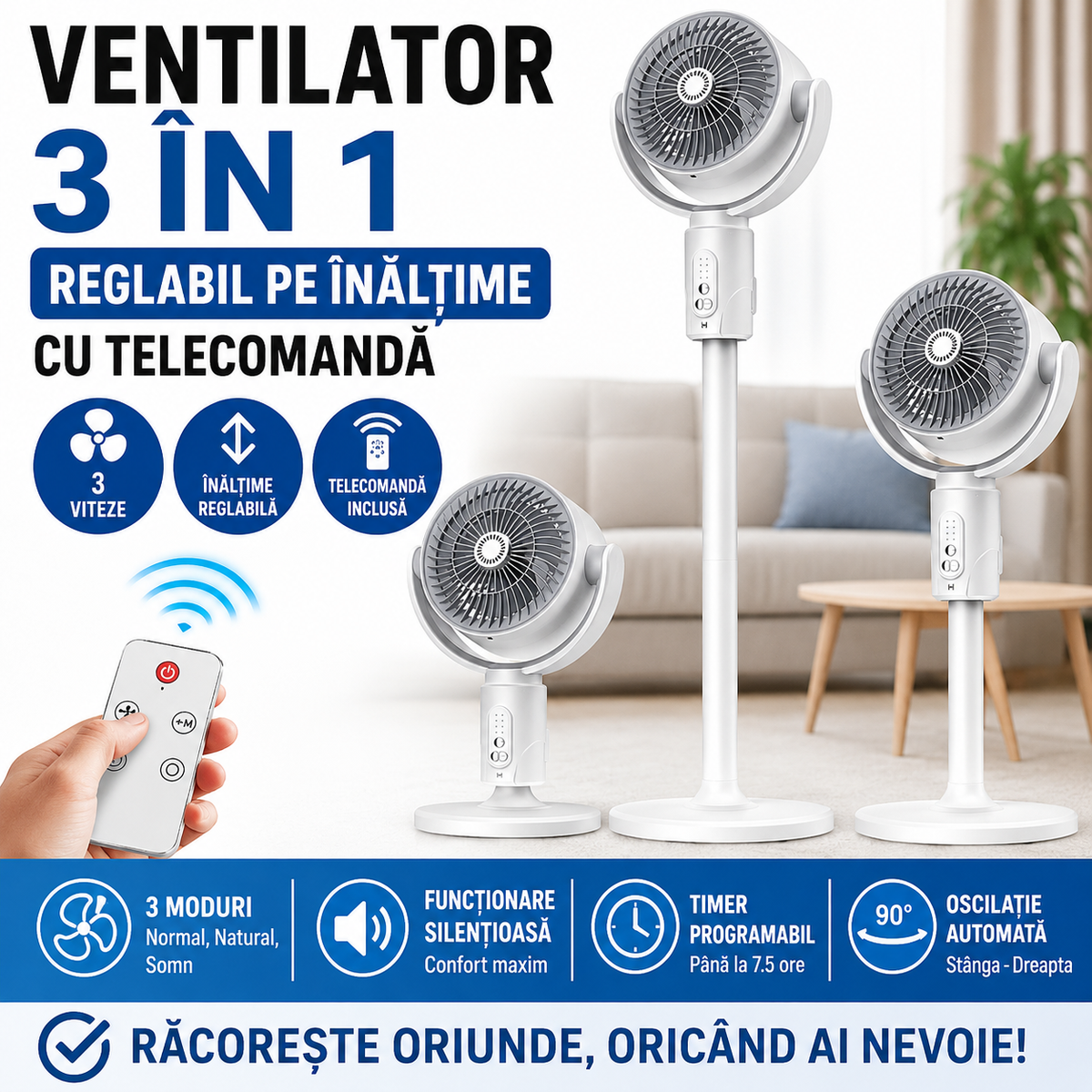 Ventilator 3 In 1 Reglabil Pe Inaltime Cu Telecomanda, 3 Viteze, Oscilatie Automata, Design Modern Pentru Racire Eficienta