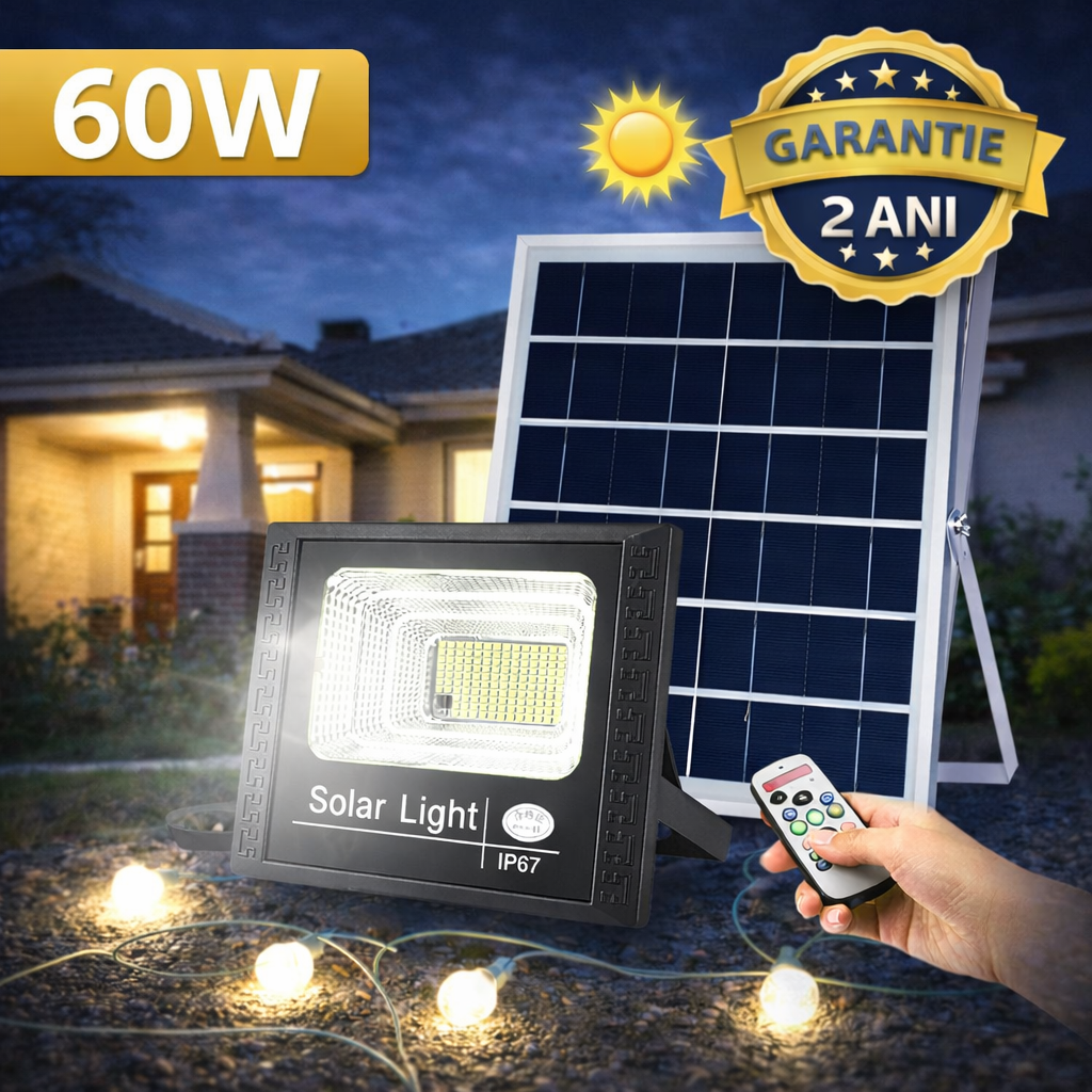 Proiector Solar 60W LED SMD cu Telecomanda – Iluminare Exterior Puternica, Panou Solar Separat