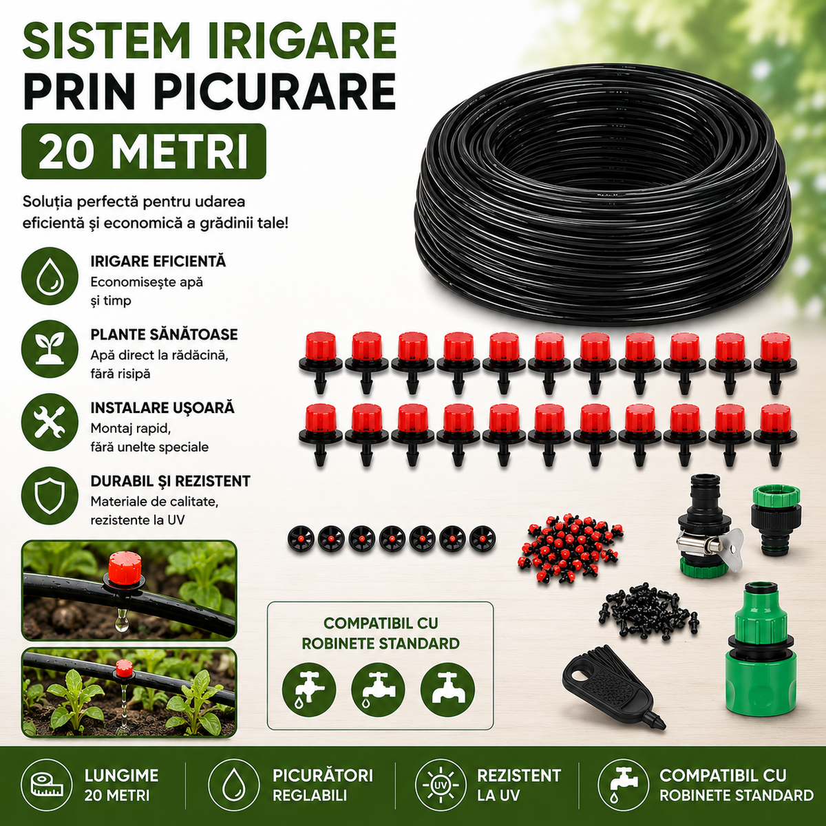 Sistem Irigare prin Picurare 20 Metri – Kit Complet cu Furtun, Picuratori si Conectori pentru Gradina si Legume