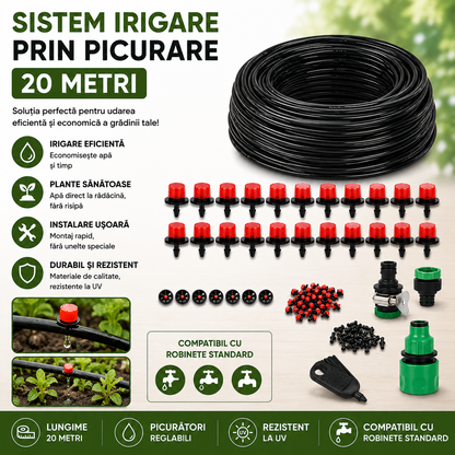 Sistem Irigare prin Picurare 20 Metri – Kit Complet cu Furtun, Picuratori si Conectori pentru Gradina si Legume