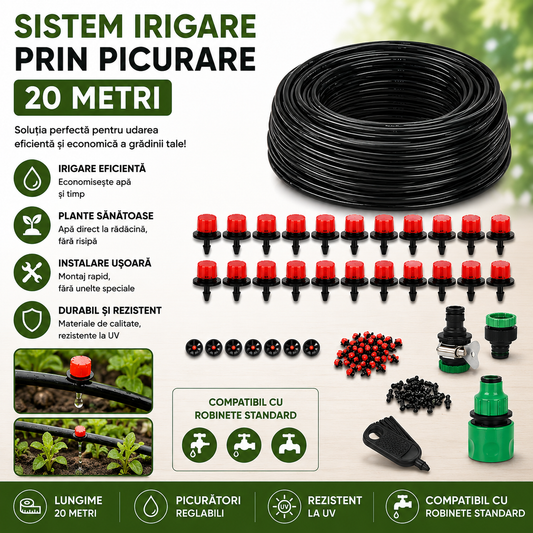 Sistem Irigare prin Picurare 20 Metri – Kit Complet cu Furtun, Picuratori si Conectori pentru Gradina si Legume