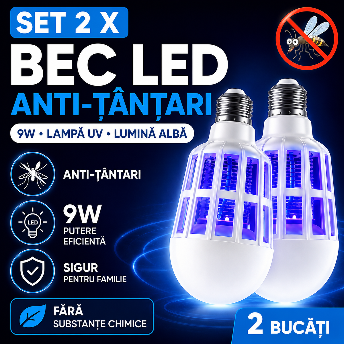 Set 2 X Bec LED Antitantari 9W Cu Lampa UV, Lumina Alba, Protectie Eficienta Impotriva Insectelor