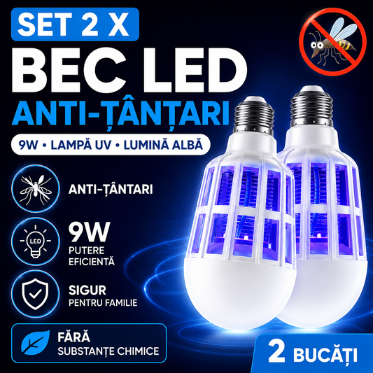 Set 2 X Bec LED Antitantari 9W Cu Lampa UV, Lumina Alba, Protectie Eficienta Impotriva Insectelor