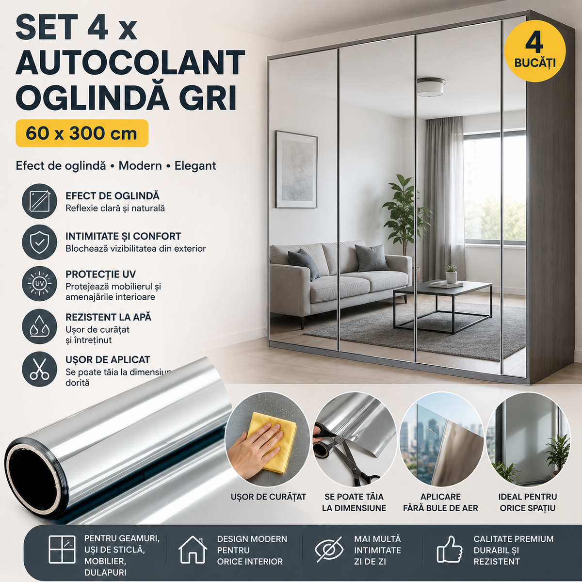 Set 4 x Autocolant Oglinda Gri , 60 x 300 cm