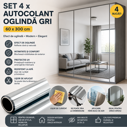 Set 4 x Autocolant Oglinda Gri , 60 x 300 cm