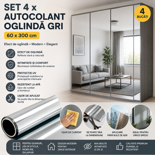 Set 4 x Autocolant Oglinda Gri , 60 x 300 cm
