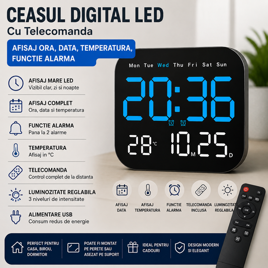 Ceasul Digital LED Cu Telecomanda Afisaj Ora Data Temperatura, Functie Alarma, Montaj Perete Sau Birou, Design Modern, Negru, Compact