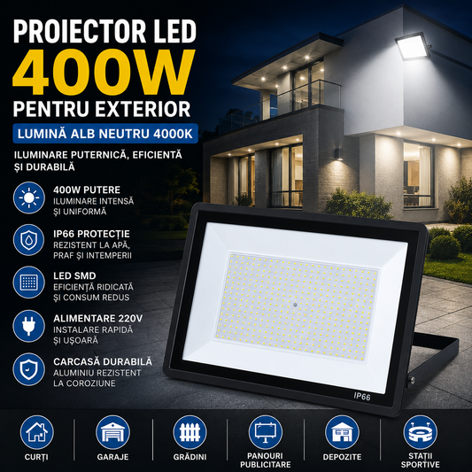 Proiector LED SMD 400W pentru Exterior, Protectie IP66, Lumina Alb Neutru 4000K, Alimentare 220V si Carcasa Rezistenta din Aluminiu