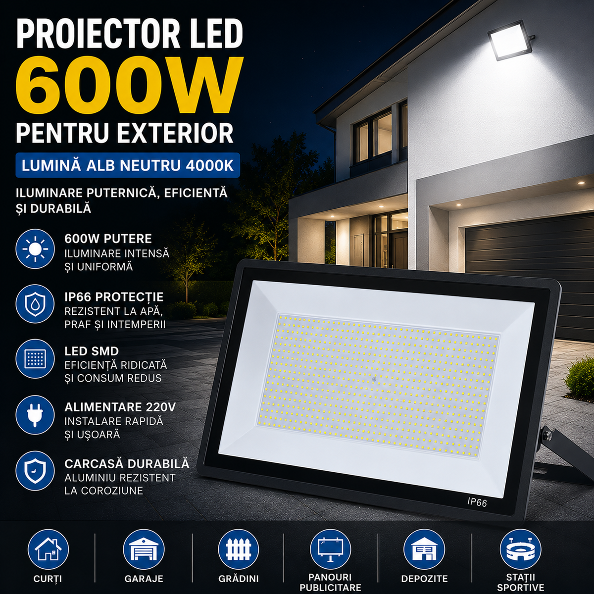 Proiector LED SMD 600W pentru Exterior, Protectie IP66, Lumina Alb Neutru 4000K, Alimentare 220V si Carcasa Rezistenta din Aluminiu