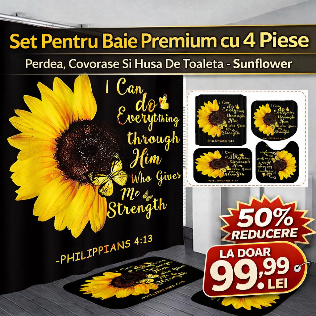 Set Pentru Baie Premium cu 4 Piese: Perdea, Covorase Si Husa De Toaleta - Sunflower