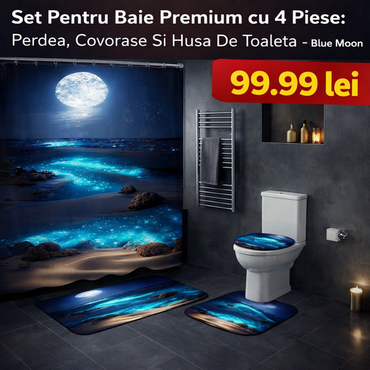 Set Pentru Baie Premium cu 4 Piese: Perdea, Covorase Si Husa De Toaleta -  Blue Moon