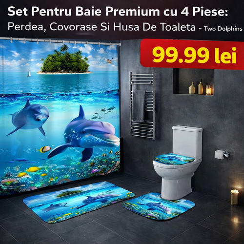 Set Pentru Baie Premium cu 4 Piese: Perdea, Covorase Si Husa De Toaleta - Two Dolphins