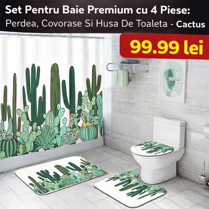 Set Pentru Baie Premium cu 4 Piese: Perdea, Covorase Si Husa De Toaleta - Cactus Plant