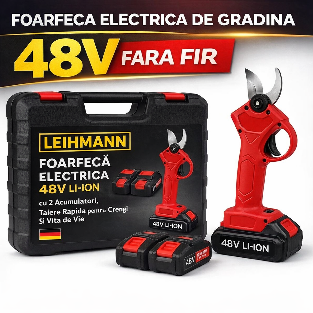 Foarfeca Electrica 48V Profesionala, cu 2 Acumulatori, Taiere Usoara si Rapida – Ideala pentru Gradina si Pomi