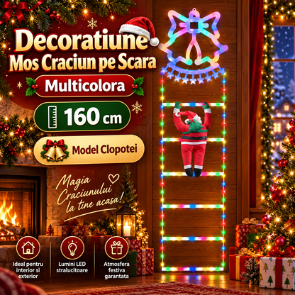 Decoratiune Mos Craciun pe Scara, Multicolora, 160 cm - Model Clopotei