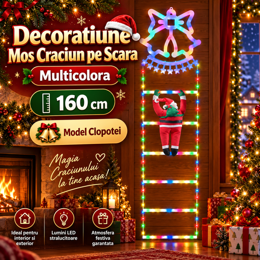 Decoratiune Mos Craciun pe Scara, Multicolora, 160 cm - Model Clopotei