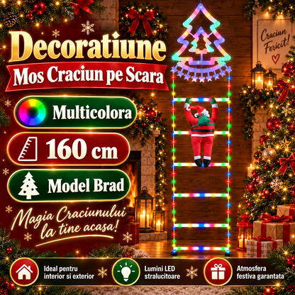 Decoratiune Mos Craciun pe Scara, Multicolora, 160 cm - Model Brad