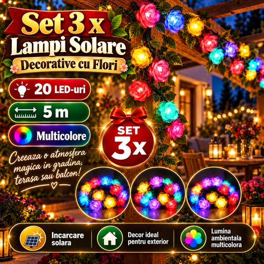 Set 3 x Lampi Solare Decorative cu Flori, 20 LED-uri, 5 m, Lumina Multicolora, pentru Gradina si Curte
