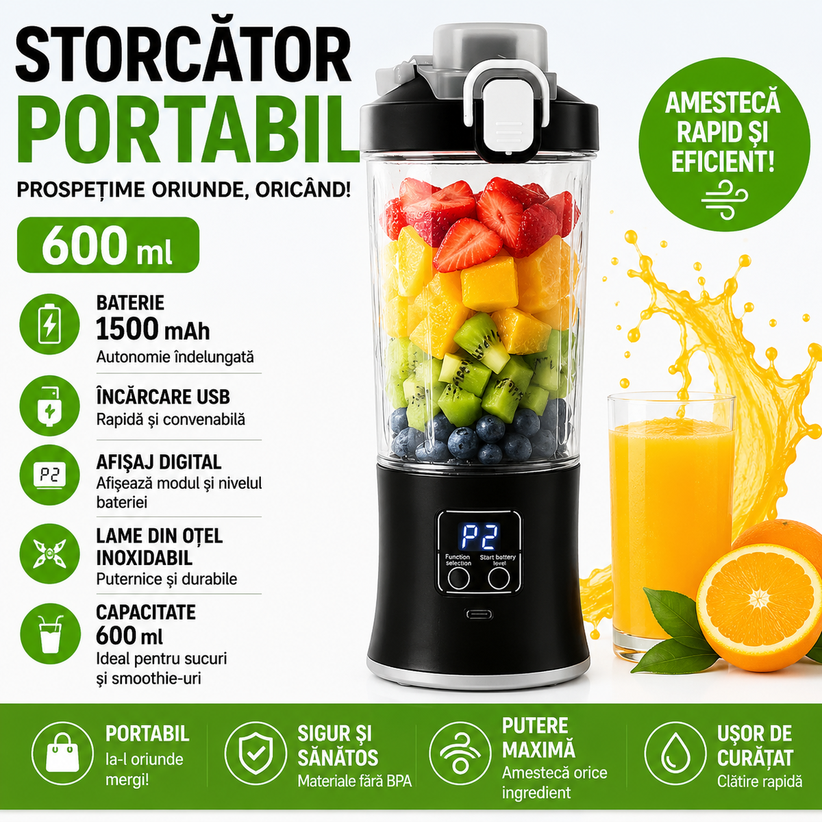 Storcator de Fructe Portabil 600 ml, Baterie 1500 mAh, Incarcare USB si Afisaj Digital , Zdrobire Rapida
