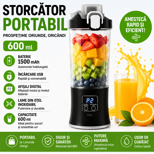 Storcator de Fructe Portabil 600 ml, Baterie 1500 mAh, Incarcare USB si Afisaj Digital , Zdrobire Rapida