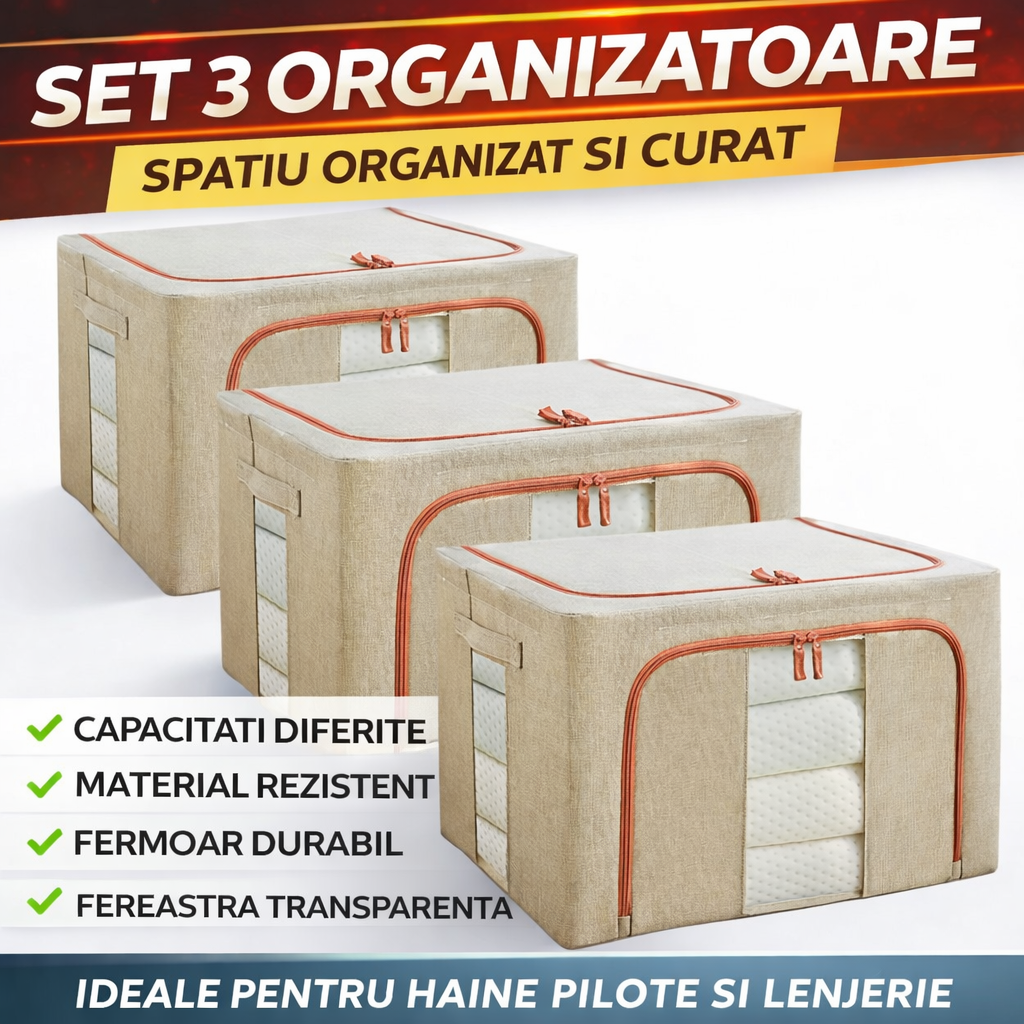 Set 3 x Organizator Pliabil cu Fermoar si Fereastra pentru Depozitare 24L + 66L + 100L, Crem