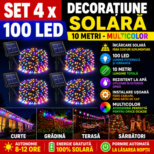 Set 4 x  Decoratiune Solara 100 LED, 10 Metri Multicolor – Iluminat Decorativ Exterior cu Panou Solar, Rezistente la Intemperii