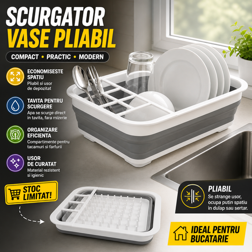 Uscator de Vase Pliabil din Silicon Moale, cu Strecuratoare si Spatiu de Depozitare, Economiseste Spatiu, Organizator pentru Farfurii si Tacamuri AFO