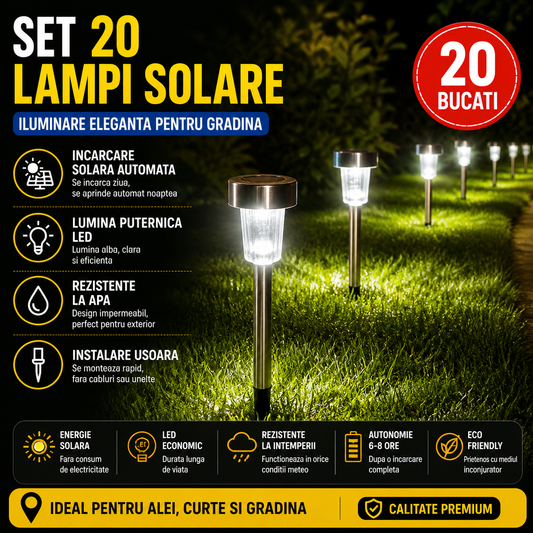 Set 20 x Lampa Solara LED Tip Tarus pentru Gradina, Iluminat Exterior Alei Curte Terasa, Lumina Automata Noaptea, Rezistente la Apa IP65