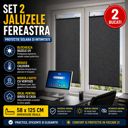 Set 2 x Jaluzea cu ventuza 58 x 125 cm, Protectie UV, Anti Caldura, Usor de Montat, Ideal pentru Casa si Birou